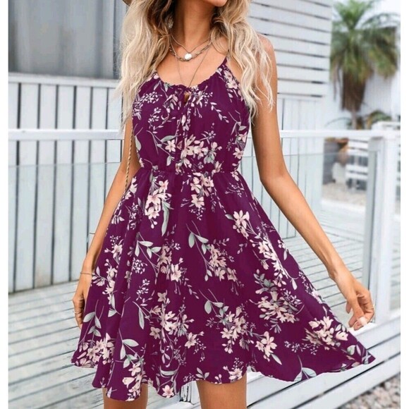Boho Purple Floral Print Tie Front Cami Dress XSmall - Picture 4 of 6